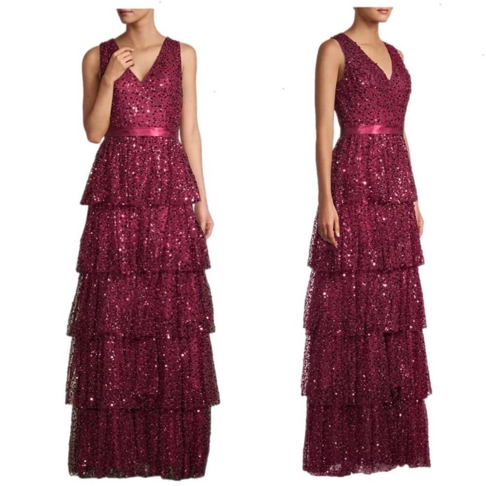 BASIX BLACK LABEL Sequin‎ Tiered Gown With Belt Detail